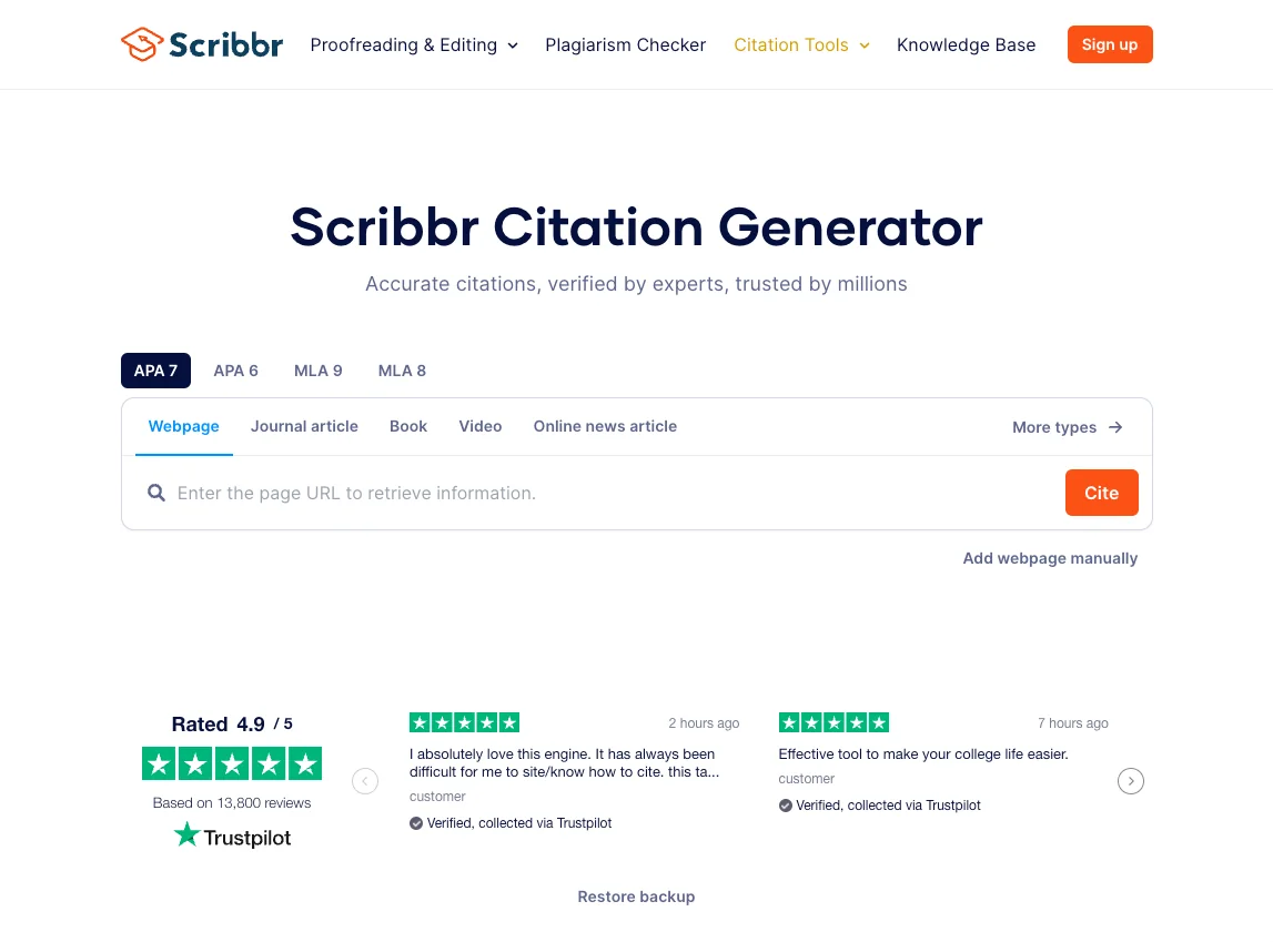 Générateur de citations Scribbr avec le choix de la norme APA 7 et le champ de recherche d'une source